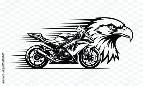 Black and white illustration of a sports motorcycle with an eagle head and motion lines sports bike