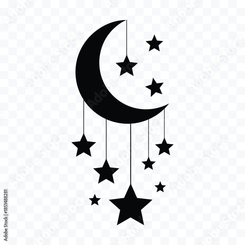 Black crescent moon with hanging stars mobile on transparent background vector