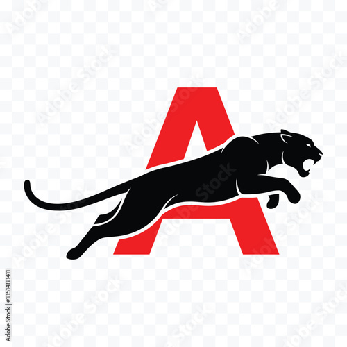 Black panther leaping in front of a large red letter A graphic design big cat feline