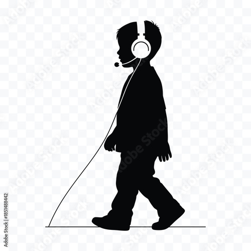 Black silhouette of a boy wearing headphones and a microphone walking white