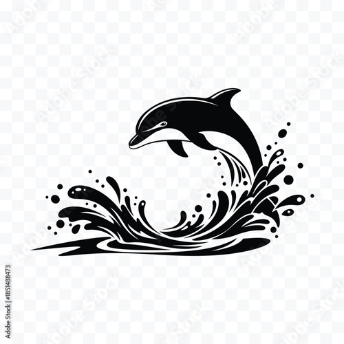 Black silhouette of a dolphin leaping through stylized black water splashes and droplets jumping