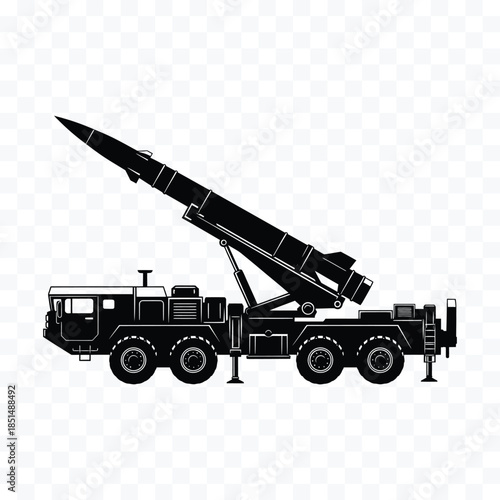 Black silhouette of a missile launcher truck with extended missile on a transparent background