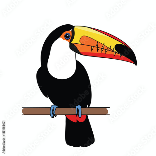 A stylized toucan bird with large beak perched on a brown branch, against white