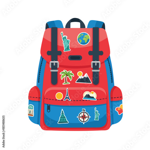 A red and blue backpack with travel stickers, depicting landmarks and a globe