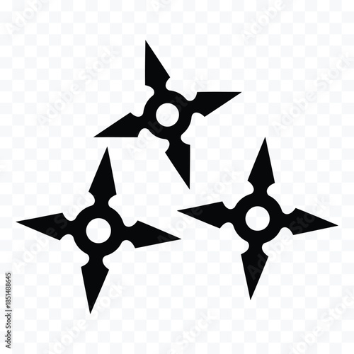Three black shuriken star weapons with circular centers arranged on a transparent checkered background