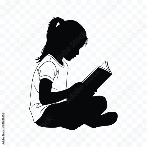 Silhouette of a young girl with ponytail sitting cross-legged reading a book child