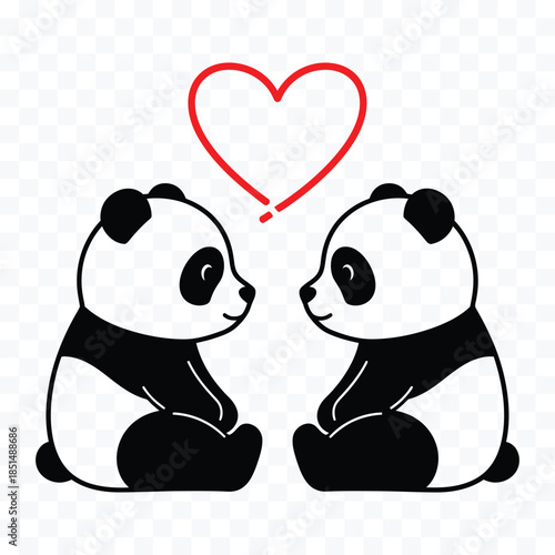 Two cute cartoon pandas sitting facing each other with a red heart shape above them animal