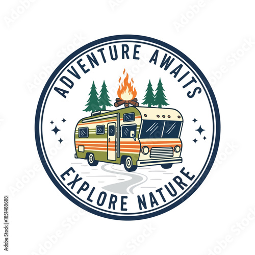 A circular illustration with a camper, campfire, stars, and text promoting nature adventures