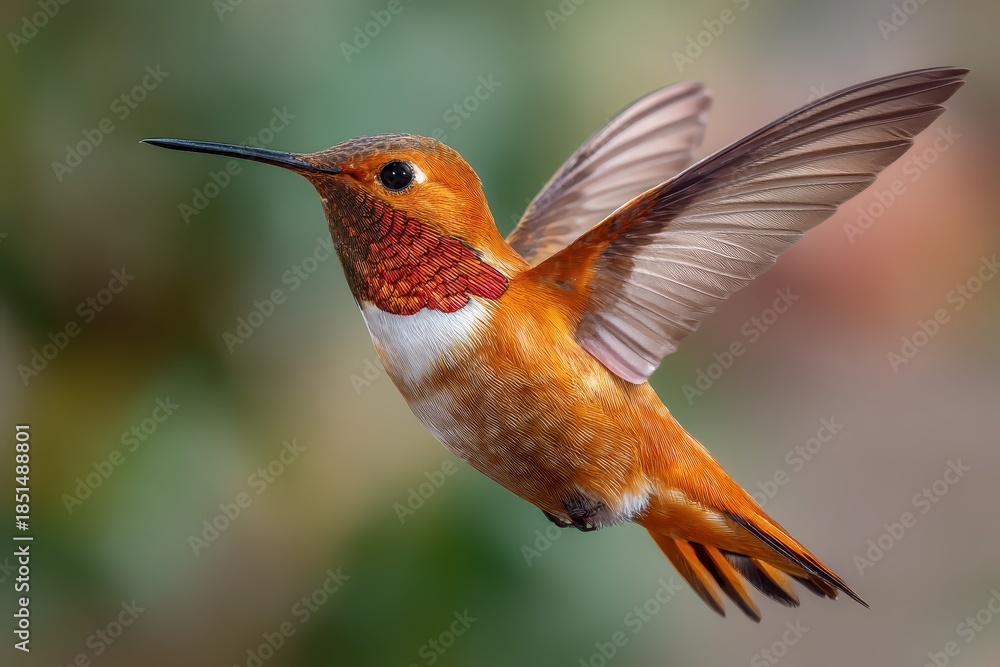 Obraz premium Beautiful hummingbird in flight showcasing vibrant colors and elegance in a garden during bright daylight surrounded by lush greenery