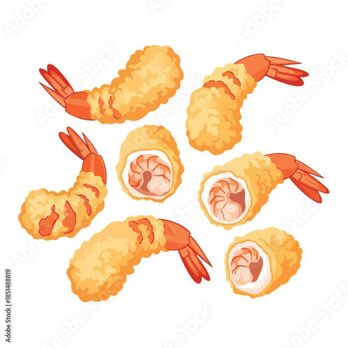 Illustration of assorted tempura shrimp, various positions, on a white background