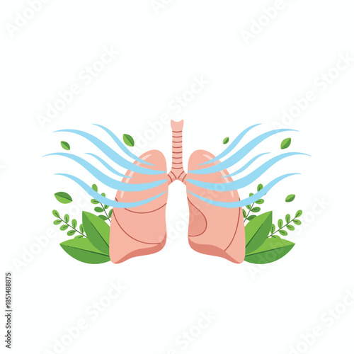 A stylized illustration of lungs, breeze, leaves, depicting the breath of nature