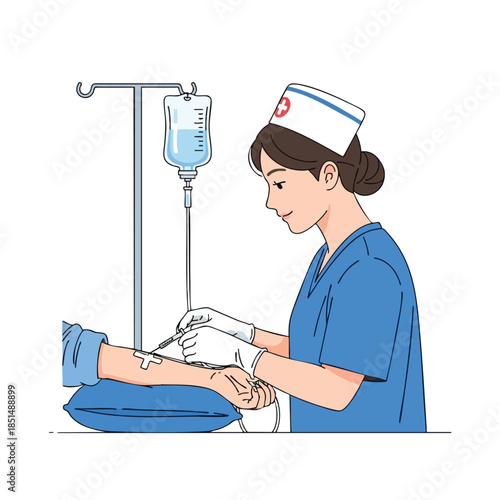 A medical illustration shows a nurse preparing an IV on a patient's arm