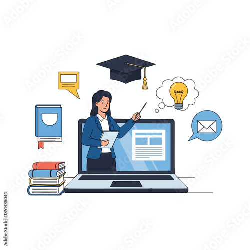 Illustration of online teaching with a woman presenting a laptop screen