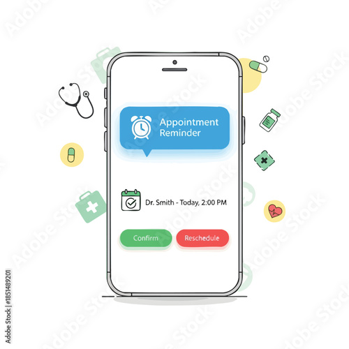A medical appointment reminder displayed on a smartphone with health icons