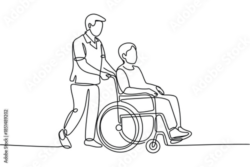 Medical nurse with patient in wheelchair continuous line drawing, caregiver supporting disabled man, long term care concept.