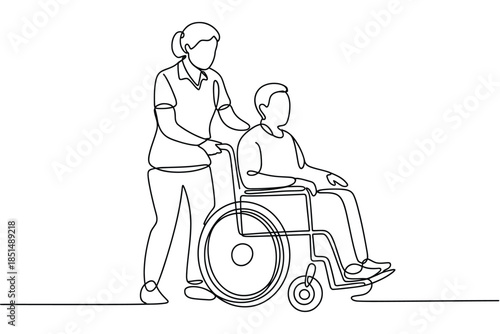 Medical nurse with patient in wheelchair continuous line drawing, caregiver supporting disabled man, long term care concept.
