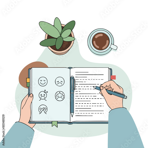 Illustration of a journal being written in, with emojis, a plant, and a cup of coffee