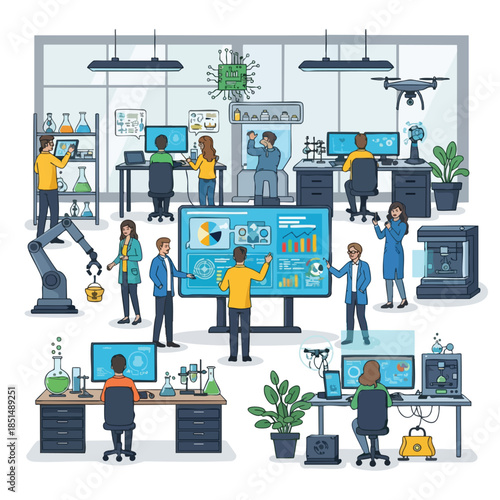 Illustration of a research lab with scientists, computers, drones, and equipment