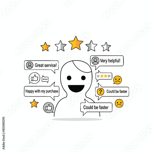 Illustration of feedback surrounding a person with comments and star ratings
