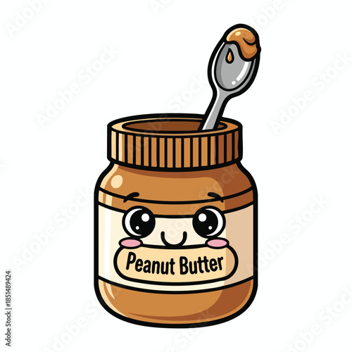 Cartoon jar of peanut butter with a spoon, it has eyes, rosy cheeks, and "Peanut Butter