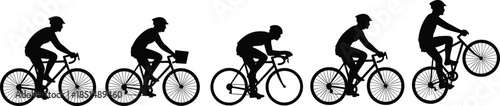 Cyclists silhouettes set, men riding bicycles in various poses, sport, transportation, recreation, isolated black figures wearing helmets on white background.
