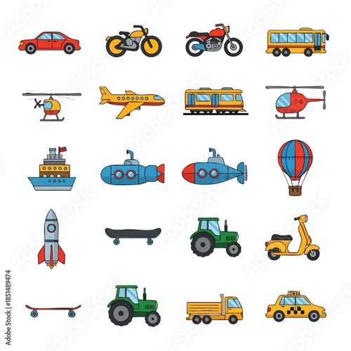 A colorful collection of cartoon vehicles, including land, air, and sea transport
