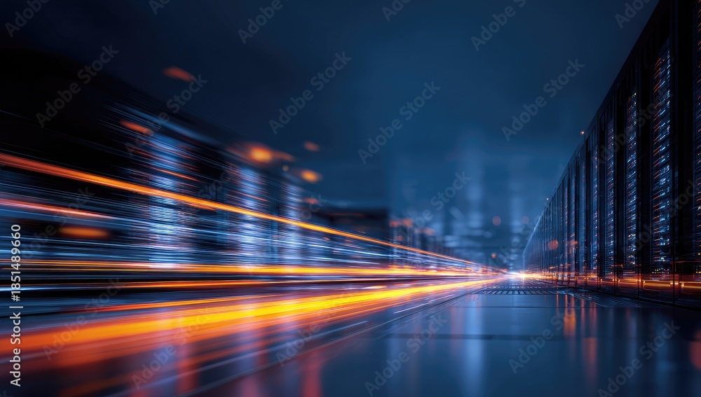 Fototapeta premium Blurry data center with fast-moving orange lights and server racks