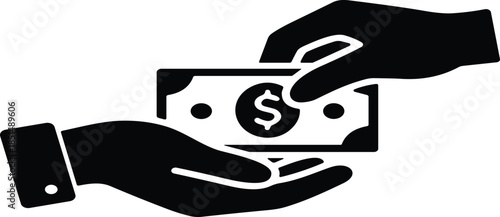 Black silhouette icon of hands exchanging dollar banknote, financial transaction, payment, bribe, or donation concept isolated on white background, vector