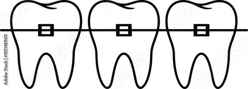 Orthodontic dental braces on three human teeth depicted in a clean minimalist black line art style for oral healthcare and dentistry concepts