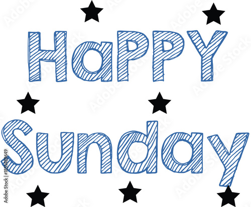 Happy Sunday Typography Vector Design with Decorative Blue Text and Star Elements, Minimal Weekend Greeting Illustration on White Background