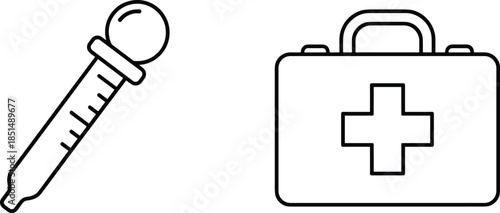Simple black and white line art illustration featuring a medical dropper pipette and a first aid kit for healthcare and emergency concepts