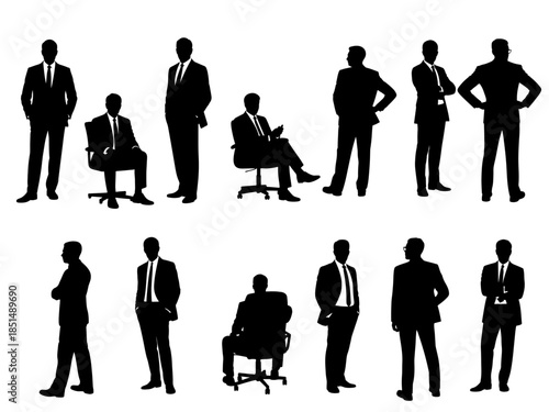Silhouettes of men in suits and office poses—standing, seated, gesturing—perfect for leadership visuals, executive branding, or career-themed editorial layouts.