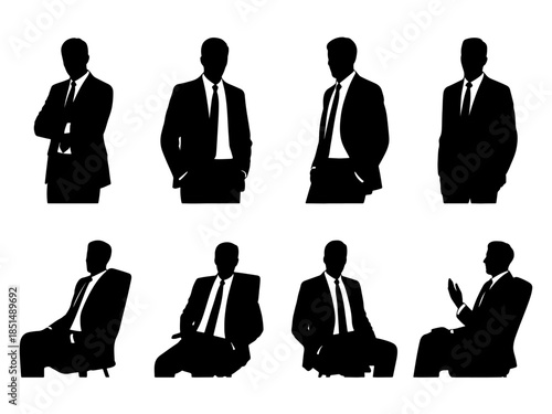 Silhouettes of men in suits—standing confidently or seated in office chairs—great for leadership visuals, communication studies, or executive-themed design assets.