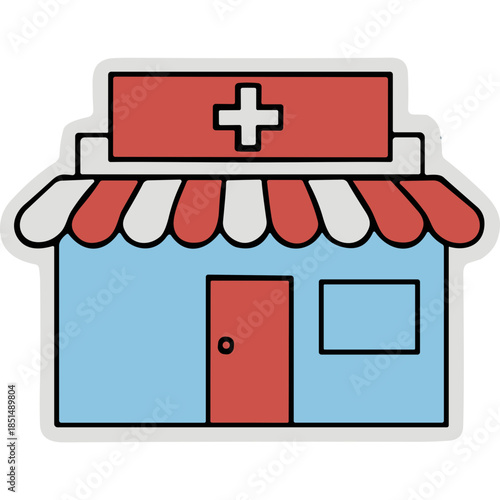 Cartoon Medical Clinic Building with Red Cross Symbol