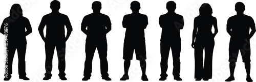 Black silhouette set of diverse men and women standing in a row, representing a professional team, group, or community members.