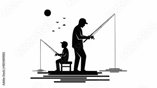 Father and Son Fishing Together Silhouette.