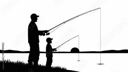 Father and Son Fishing Together Silhouette.