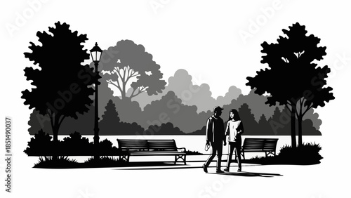 Couple walking in a park on a sunny day.