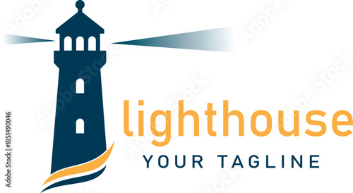 Logo design of light house and beach wave illustration