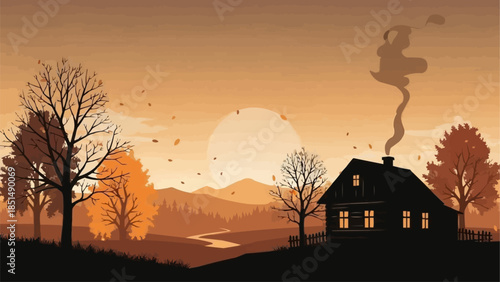 Cozy House with Smoke Rising from Chimney at Sunset.