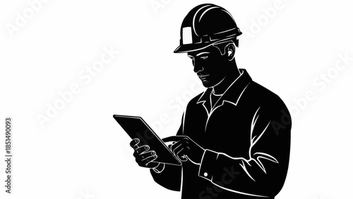 Silhouette of a construction worker using a tablet computer on a white background.