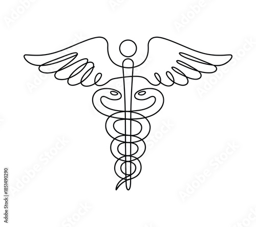 Medical nurse pushing patient in wheelchair continuous line drawing, caregiver support and healthcare concept, single line art.