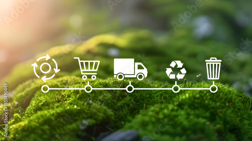 Wallpaper Mural Conceptual illustration of the sustainable circular economy supply chain, showing eco-friendly process from purchase to recycling on a vibrant green moss texture Torontodigital.ca