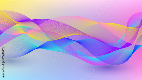 Vibrant Abstract Neon Wave Background Dynamic digital flowing, energetic, translucent lines in purple, pink, blue, and yellow gradient colors for modern technology and design projects