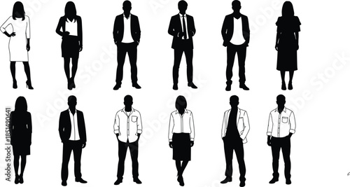 Business people silhouette, professional attire, office workers vector, black illustration, standing pose, workplace diversity, suit, skirt, shirt, formal