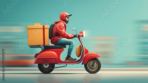 Delivery man riding red scooter with large delivery box on back wearing red helmet and jacket speeding through urban city street with motion blur showing fast food delivery and high speed motion blur