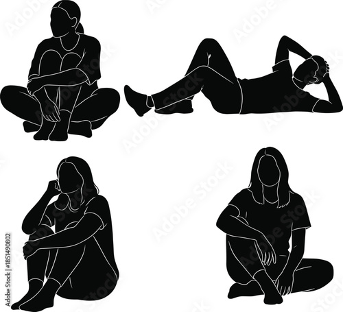 Business silhouette illustration, male and female professionals, office attire, corporate team, vector clipart, workplace diversity, isolated, formal dress, posture