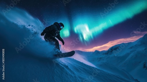 Snowboarder glides down a snow-covered slope beneath the auroral display at night