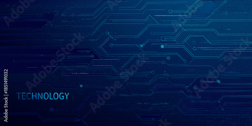 Abstract blue circuit board pattern with technology text overlay