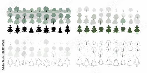 Stylized forest scene with varying tree types and color palettes presented